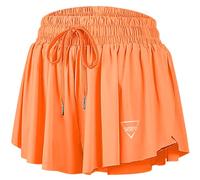 QooNoo 2 in 1 Athletic Shorts for Women Flowy Running Butterfly Shorts with Pockets High Elastic Gym Shorts Workout Skorts, Orange, M