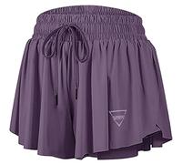 QooNoo 2 in 1 Athletic Shorts for Women Flowy Running Butterfly Shorts with Pockets High Elastic Gym Shorts Workout Skorts, Dark Purple, S