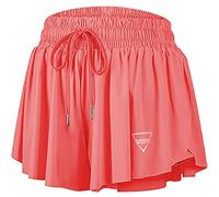 QooNoo 2 in 1 Athletic Shorts for Women Flowy Running Butterfly Shorts with Pockets High Elastic Gym Shorts Workout Skorts, Peachy Pink, L