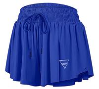 QooNoo 2 in 1 Athletic Shorts for Women Flowy Running Butterfly Shorts with Pockets High Elastic Gym Shorts Workout Skorts, Enamel Blue, XL