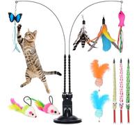 Qoosea 14 Pcs Cat Feather Toys, Interactive Cat Toys with Teaser Wands and Strong Suction Cup, Cat Toys for Indoor Cats Kitten Interactive Training