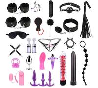 Qoosea 26PCS BDSM Bondage Restraint Kit for Couples, Adjustable Handcuffs Ankle Cuffs Collar with Anal Plug Set, Nipple Clamps, Whip, Blindfold, Gag Ball & Vibrating Toys for Adult Sensual Play