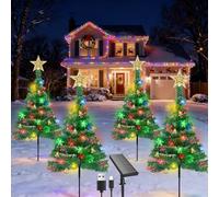 Qoosea 4 in 1 Solar Christmas Tree Lights, 8 Modes Solar Powered Stake Tree Light with 80 LED Snowflake Lights, Bells and Berries, Waterproof Xmas Decorations for Garden Yard Pathway