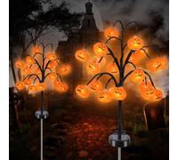 Qoosea Halloween Solar Lights Outdoor Decorations 2 Pack Pumpkin Lights, IP65 Waterproof Halloween Garden Ornaments, LED Garden Lamp Festival Decor, Perfect for Pathway, Yard, Patio, Backyard