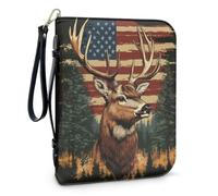 QOPECUOY American Flag Reindeer Bible Cover Cases for Men Vintage Reindeer Bible Handbag Large Size Leather Bible Holder with Handle and Wrist Strap Lightweight Bible Book Tote Bag for Women Men XL