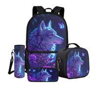 QOPECUOY Animal Wolf Backpack Sets for Teen Boys Girls 4 Pcs Schoolbag Cool Wolf Print Backpack for School Kids with Lunch Box Pencil Pouch Water Bottle Holder Children Front Pocket Bookbag