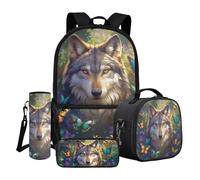 QOPECUOY Cool Wolf School Backpack Set for Teen Boys Girls 4 Pack Bookbag Animal Wolf Schoolbag for School Kids Large Backpack with Lunch Box Water Bottle Holder Children Back to School Supplies