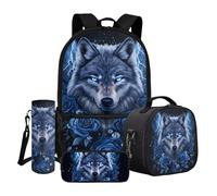 QOPECUOY Cool Wolf School Backpack Set for Teen Boys Girls 4 Pcs Large Bookbag Animal Wolf Schoolbag for Kids with Lunch Box Pencil Pouch Water Bottle Bag Children Large Backpack with Front Pocket