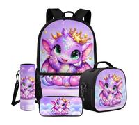 QOPECUOY Cute Dragon School Backpack Sets for Girls Age 6-8,Animal Dragon Schoolbag for Little Kids 4 Pcs Large Backpack with Lunch Box Pencil Case Water Bottle Holder Children Back to School Gift