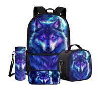 QOPECUOY Galaxy Wolf School Backpack and Lunch Box Set for Kids Boys Big Schoolbag Animal Wolf Bookbag for Teen Boys Bookbag with Pencil Pouch Water Bottle Sleeve 4 Pcs Children Backpack Sets