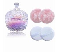 Qopoto Body Powder Puff and Container, Dusting Glass Powder Container with Puff for Body and Face, Crystal Case and Soft Washable Reusable Velour Puff for Wet Dry Makeup(Crown,Glitter)