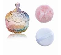 Qopoto Body Powder Puff and Container, Dusting Glass Powder Container with Puff for Body and Face, Crystal Case and Soft Washable Reusable Velour Puff for Wet Dry Makeup(Crown,Colorful)