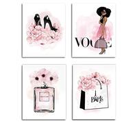 QOQIOSOC African American Wall Art Black Girl Pink Flowers Canvas, Girls Bedroom Wall Decor, Perfume Handbags High Heels Prints Wall Pictures Paintings for Women Room Decor, Set of 4. 8x10in UNFRAMED