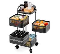 qorkhogr Rotating Storage Rack,Square Fruit and Vegetable Storage with Wheels Bathroom Metal Wire Shelf with Top Lid Kitchen Organization and Storage Mobile Utility Cart for Living Room Four Layer