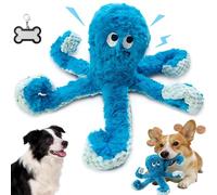 Qosigote Angry Octopus Dog Toy with Squeaker and Food-Dispensing Tentacles, Interactive Plush Teething Toy for Small Medium Large Dogs, Blue, 25x10x35cm (1pc)