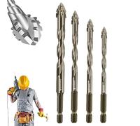 Qosigote New Four-Flute Sawtooth Eccentric Drill Bit Set, Four Blade Serrated Eccentric Drill For Wood Marble Metal Glass Wall Tile (6+8+10+12CM)