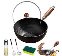 Qosneoun Fish Scale Pattern Flat Bottom Non-Stick Pan, Carbon Steel Stir-Fry Woks & Pans Set with Glass Lid, Mini Iron Pan Household Outdoor Small Frying Induction CookerPan (22cm / 8.7in)