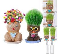 Qosneoun Grass Head Doll, Grass Head Growing Kit for Kids, Grass Head Doll Plant, Grass Head Doll with Trays & Spray Bottles, Desktop Ornaments Decoration Plants Potted (2Pcs-C)
