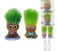 Qosneoun Grass Head Doll, Grass Head Growing Kit for Kids, Grass Head Doll Plant, Grass Head Doll with Trays & Spray Bottles, Desktop Ornaments Decoration Plants Potted (2Pcs-A)