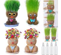 Qosneoun Grass Head Doll, Grass Head Growing Kit for Kids, Grass Head Doll Plant, Grass Head Doll with Trays & Spray Bottles, Desktop Ornaments Decoration Plants Potted (4Pcs)