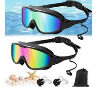 Qosneoun My Cool Summer Goggles Swimming, Goggles with Ear Plugs, No Leaking Swim Glasses for Adult, Kids, HD Large Frame Waterproof Anti-Fog Swimming Goggles (Combination-E, Adults)