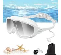 Qosneoun My Cool Summer Goggles Swimming, Goggles with Ear Plugs, No Leaking Swim Glasses for Adult, Kids, HD Large Frame Waterproof Anti-Fog Swimming Goggles (White gray, Adults)
