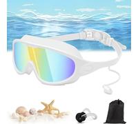 Qosneoun My Cool Summer Goggles Swimming, Goggles with Ear Plugs, No Leaking Swim Glasses for Adult, Kids, HD Large Frame Waterproof Anti-Fog Swimming Goggles (White blue, Adults)
