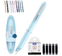 Qosneoun Retractable Fountain Pen, Refillable Fountain Pen, 0.38mm Blue&Black Ink Transparent Barrel Includes 5 Refillable Ink Cartridges for Smooth Writing No Leaking (Blue, Erasable blue)