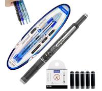 Qosneoun Retractable Fountain Pen, Refillable Fountain Pen, 0.38mm Blue&Black Ink Transparent Barrel Includes 5 Refillable Ink Cartridges for Smooth Writing No Leaking (Black, Erasable ink blue)