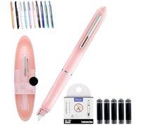 Qosneoun Retractable Fountain Pen, Refillable Fountain Pen, 0.38mm Blue&Black Ink Transparent Barrel Includes 5 Refillable Ink Cartridges for Smooth Writing No Leaking (Pink, Erasable ink blue)