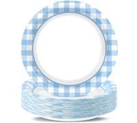 QOUBAI 48PCS Gingham Paper Plates 7" Blue and White Gingham Party Plates, Checkered Plaid Dessert Table Supplies Decor for BBQ Gathering Picnic Carnival Baby Shower Birthday Dinner Party Tableware