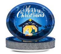 QOUBAI 50Pcs Christmas Nativity Oval Plates 11 Inch Large Merry Christmas Tableware Set Nativity Scene Jesus Disposable Dinnerware for Xmas Party Home Winter Holiday Religious Decoration Supplies