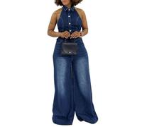 QOUERUUE Women's Sexy Backless Denim Jumpsuits Halter Neck Sleeveless Button Up Smocked Wide Leg Baggy Jean Rompers,Blue 2,L