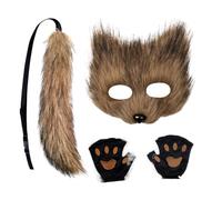 Qoukonao Fox Face Cover and Tail | Halloween Cosplay Outfit,Halloween Cat Tail Face Cover Paw Gloves Kit | for Boys Girls Teens Adults Masquerade Party Carnival Holiday Event