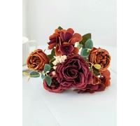 QOVBD Artificial Flowers Retro Silk Rose Bouquet Hydrangea Peony Vintage Bride Holding Fake Plants Home Wedding Decoration Accessories-Brown