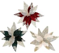 QOXEZY 29 cm Glitter Flocked Fabric Christmas Flower Wreath Ornament, Golden Red/Dark Green/Milk White, for Holiday Tree Decor, DIY Festive Arrangements