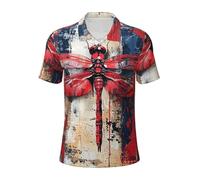QPIPGER Abstract Red Dragonfly Print Men's Funny Golf Shirts Stretch Casual Mens Polo Shirts Short Sleeve Fashion Shirt for Men
