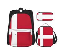 QPIPGER Danish Flag Print Casual Backpack Combo with Thermal Lunch Box & Pencil Pouch Set, 3 in 1 Oxford Bag