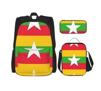 QPIPGER Flag of Myanmar Print Casual Backpack Combo with Thermal Lunch Box & Pencil Pouch Set, 3 in 1 Oxford Bag