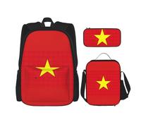QPIPGER Vietnamese Flag Print Casual Backpack Combo with Thermal Lunch Box & Pencil Pouch Set, 3 in 1 Oxford Bag