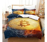 QPIRINMEX Bitcoin 3D Printed Duvet Set Pinch Pleat Soft Microfibre Bed Quilt Cover with 2 Pillowcases, Easy Care Wrinkle Free Bedding Set of 3 Pcs Super King（260x220cm）