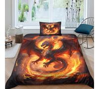 QPIRINMEX Flying Dragon 3D Printed Duvet Set Pinch Pleat Soft Microfibre Fire Dragon Bed Quilt Cover with 2 Pillowcases, Easy Care Wrinkle Free Bedding Set of 3 Pcs Single(135x200cm)