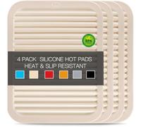 QPIX DIGITAL 4 Pack Silicone Trivets for Hot Dishes, Large & Heat Resistant Silicone Pot Holder Hot Pads for Kitchen, 9x12 Beige Silicone Trivet Mat for Hot Pots and Pans, Jar Opener, Drying Mat