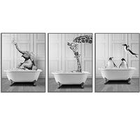 QPLGTU bathroom home background wall decoration painting, black and white highland cow decoration photo, fun animal printing poster, frameless (penguin+elephant+giraffe, 30x40cmx3)