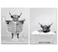 QPLGTU Bathroom Home Background Wall Decoration Poster, Black and White Highland Cow Decoration Photo Wallpaper, Fun Animal Print Poster, Frameless (Highland Cattle 4, 40x60cm*2)