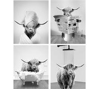 QPLGTU Bathroom Home Background Wall Decoration Poster, Black and White Highland Livestock Animal Decoration Photos Wallpaper, Funny Animal Print Poster, Frameless (Bathroom Animal 6, 20 x 30 cm x 4)