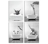 QPLGTU Bathroom Home Background Wall Decoration Poster, Black and White Highland Livestock Animal Decoration Photos Wallpaper, Funny Animal Print Poster, Frameless (Bathroom Animal 1, 40 x 60 cm x 4)