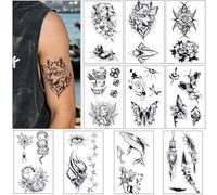 Qpout 10 Sheets Black Temporary Tattoos for Adults Medium Large Waterproof Long Lasting Fake Tattoos with Animal Flower Designs