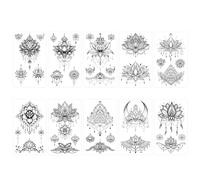 Qpout 10 Sheets Black Temporary Tattoos, Waterproof Fake Tattoo Kits for Women Girls, Lotus Mandala Flower Tattoo Stickers Neck Chest Arm