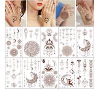 Qpout 10 Sheets Brown Red Temporary Tattoos,Waterproof Fake Tattoos Temporary Tattoo Kits for Women Girls, Lotus Mandala Flower Tattoos Stickers Neck Chest Arm